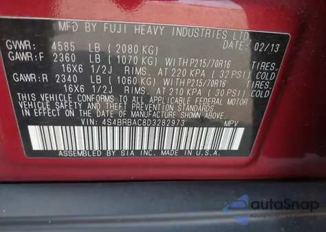 2013 Subaru Outback 2.5I from USA, damaged, VIN 4S4BRBAC8D3282973